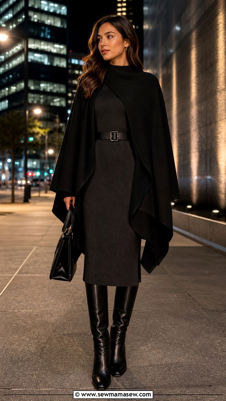 Poncho over a midi dress and knee high boots - 40 Poncho outfit ideas