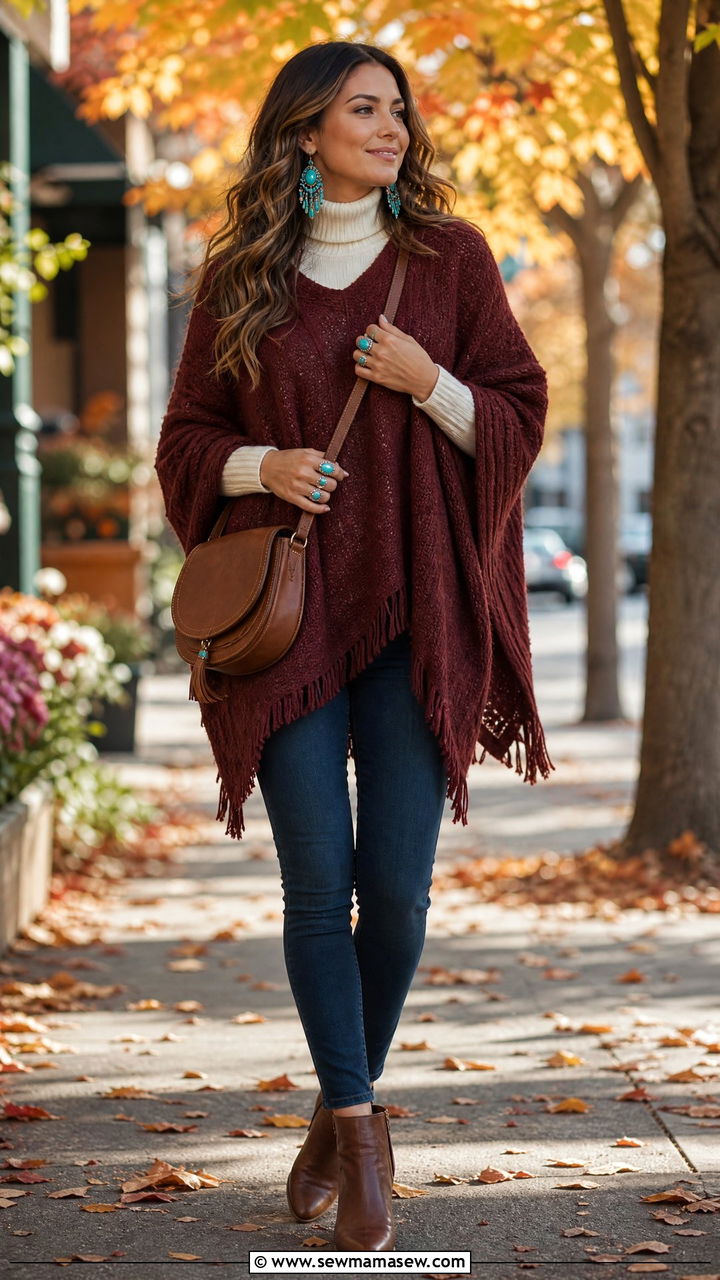 Poncho with Skinny Jeans and Ankle Boots and Turquoise Earrings - 25 Boho outfit ideas with turquoise jewelry