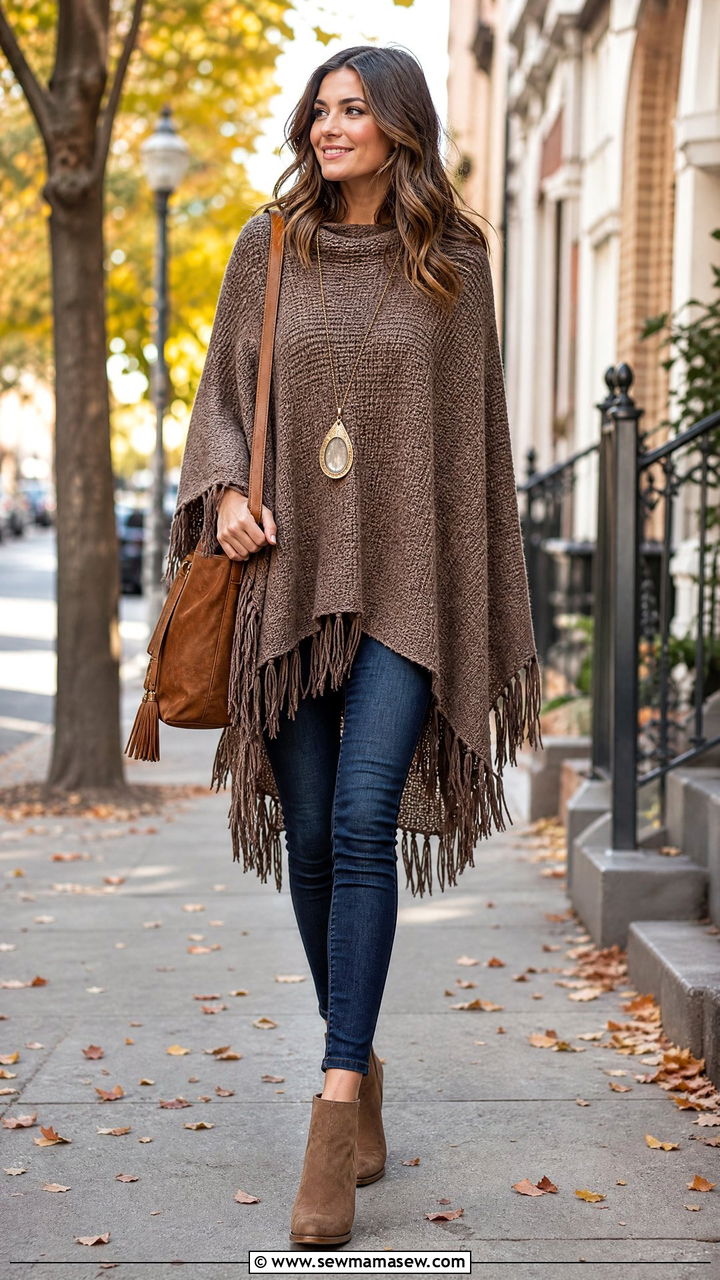 Poncho with Skinny Jeans and Ankle Boots - 35 Hippie outfit ideas