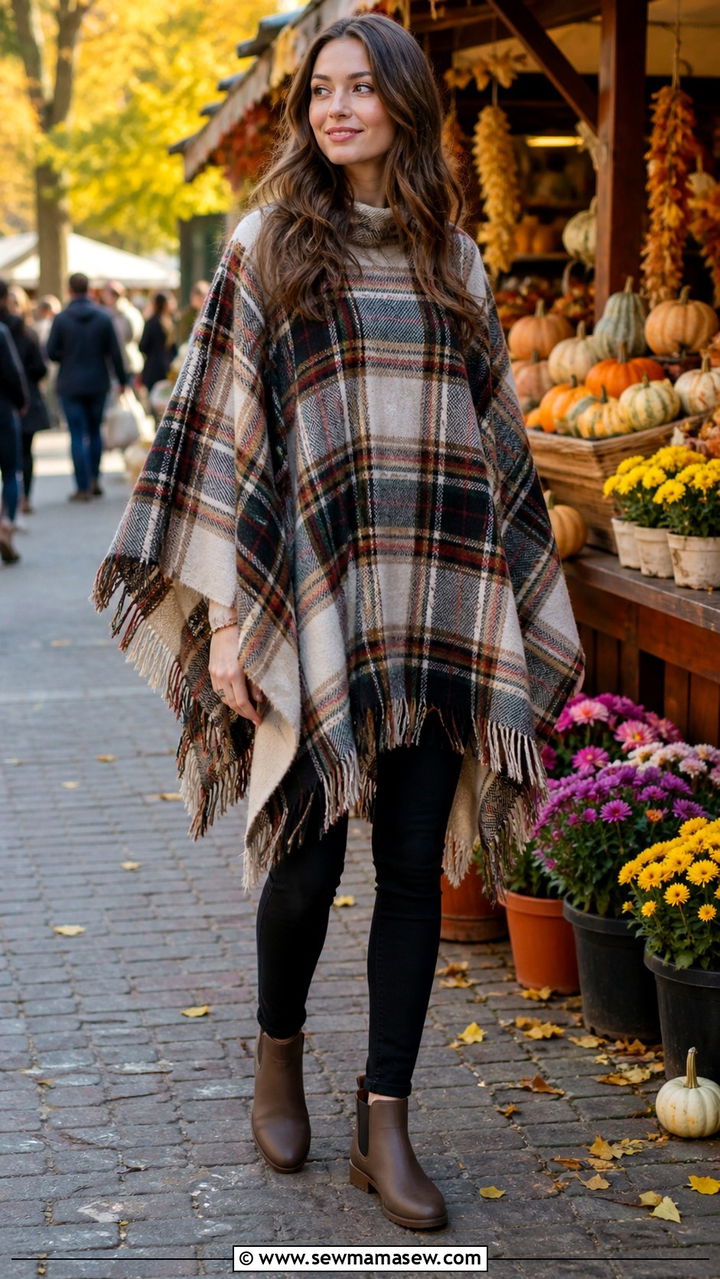 Poncho with Skinny Jeans and Waterproof Ankle Boots - 40 rainy day outfits
