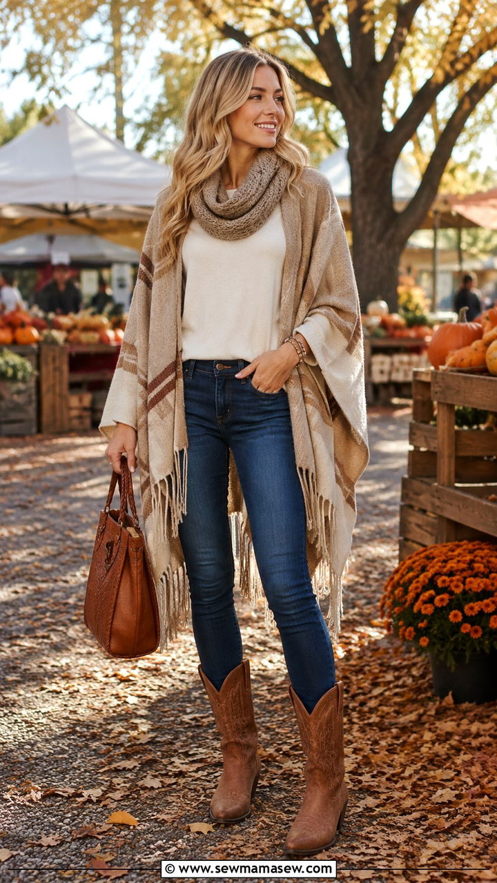Poncho with Skinny Jeans and Western Boots - 30 casual western outfits