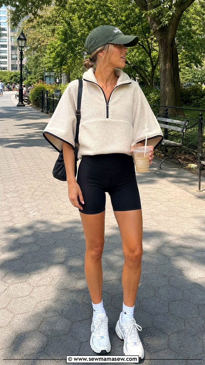Poncho with bike shorts and chunky sneakers - 40 Poncho outfit ideas
