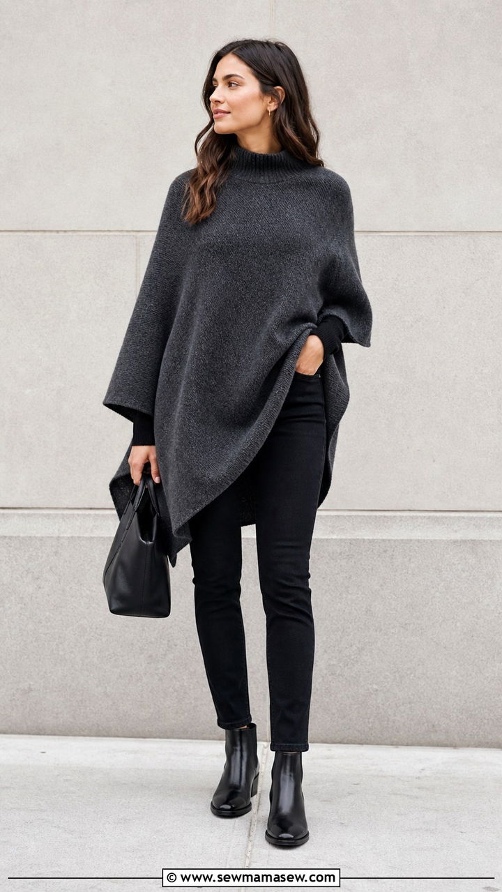 Poncho with black jeans and Chelsea boots - 40 Poncho outfit ideas