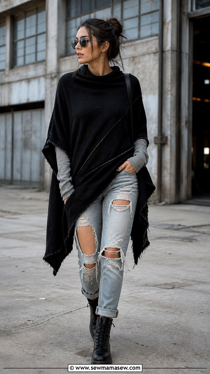 Poncho with boyfriend jeans and white sneakers - 40 Poncho outfit ideas