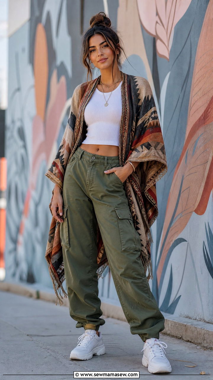 Poncho with cargo pants and sneakers - 25 How to style a poncho