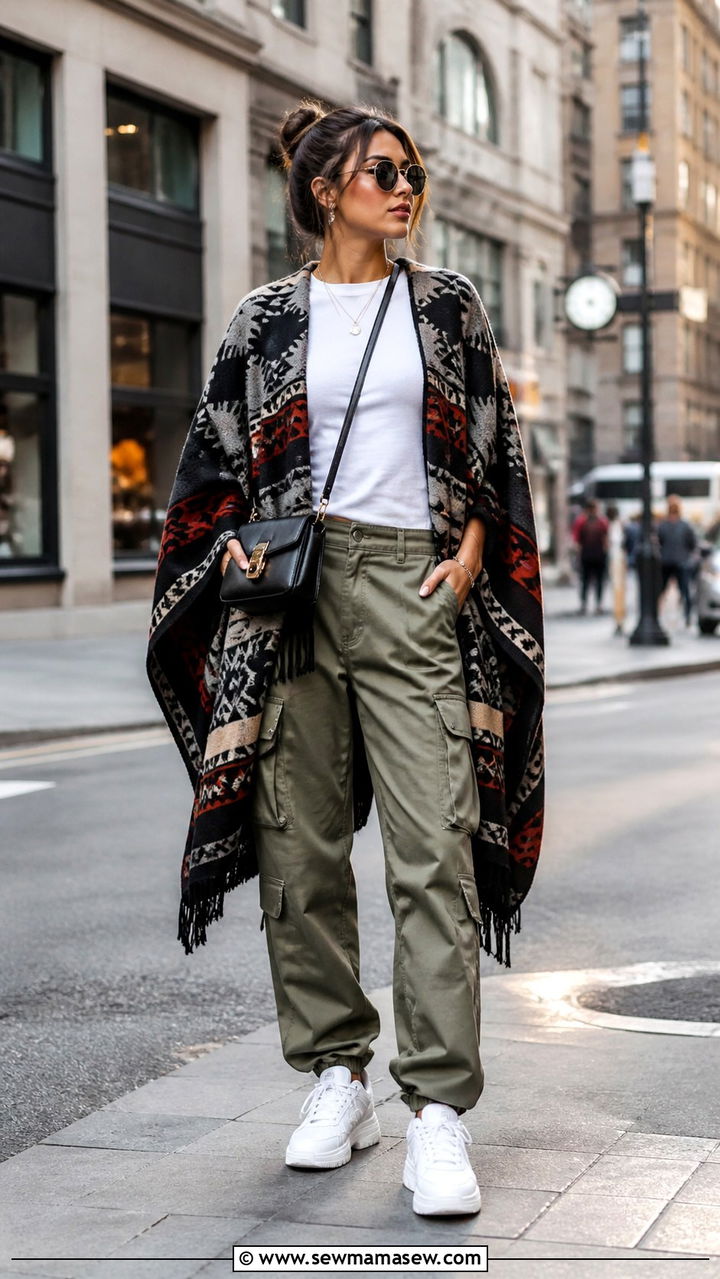 Poncho with cargo pants and sporty sneakers - 40 Poncho outfit ideas