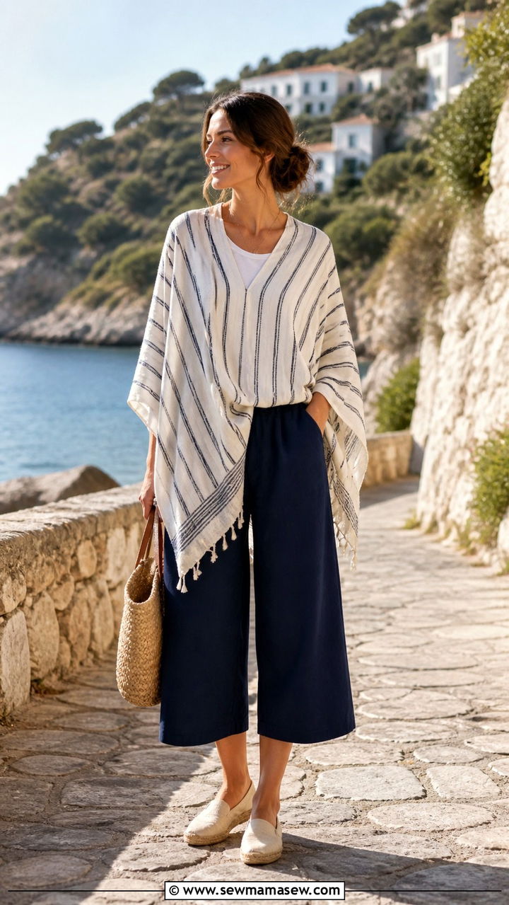 Poncho with culottes and espadrilles - 40 Poncho outfit ideas