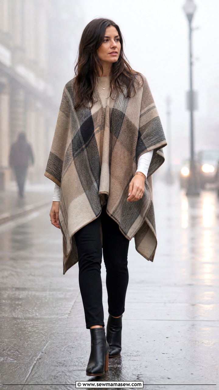 Poncho with fitted pants and ankle boots - 25 Foggy day outfit ideas