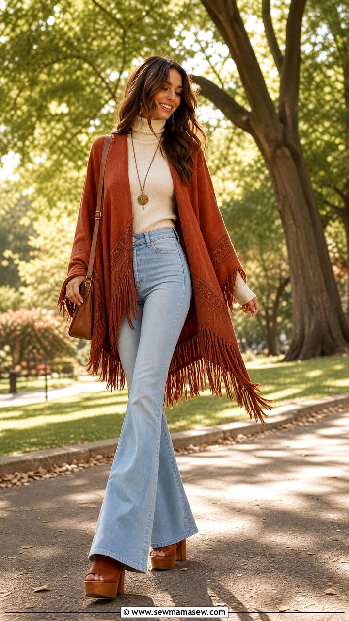 Poncho with flared jeans and platform heels - 25 How to style a poncho