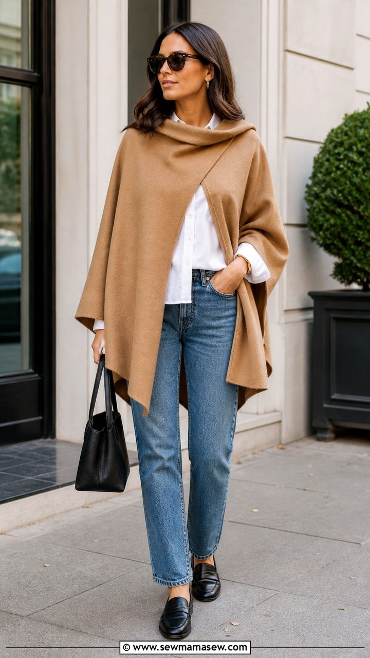 Poncho with leather leggings and stiletto heels - 40 Poncho outfit ideas