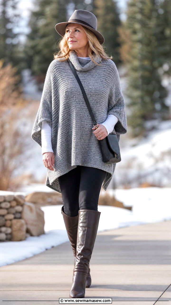 Poncho with leggings and riding boots - 35 Midsize outfits for women over 40