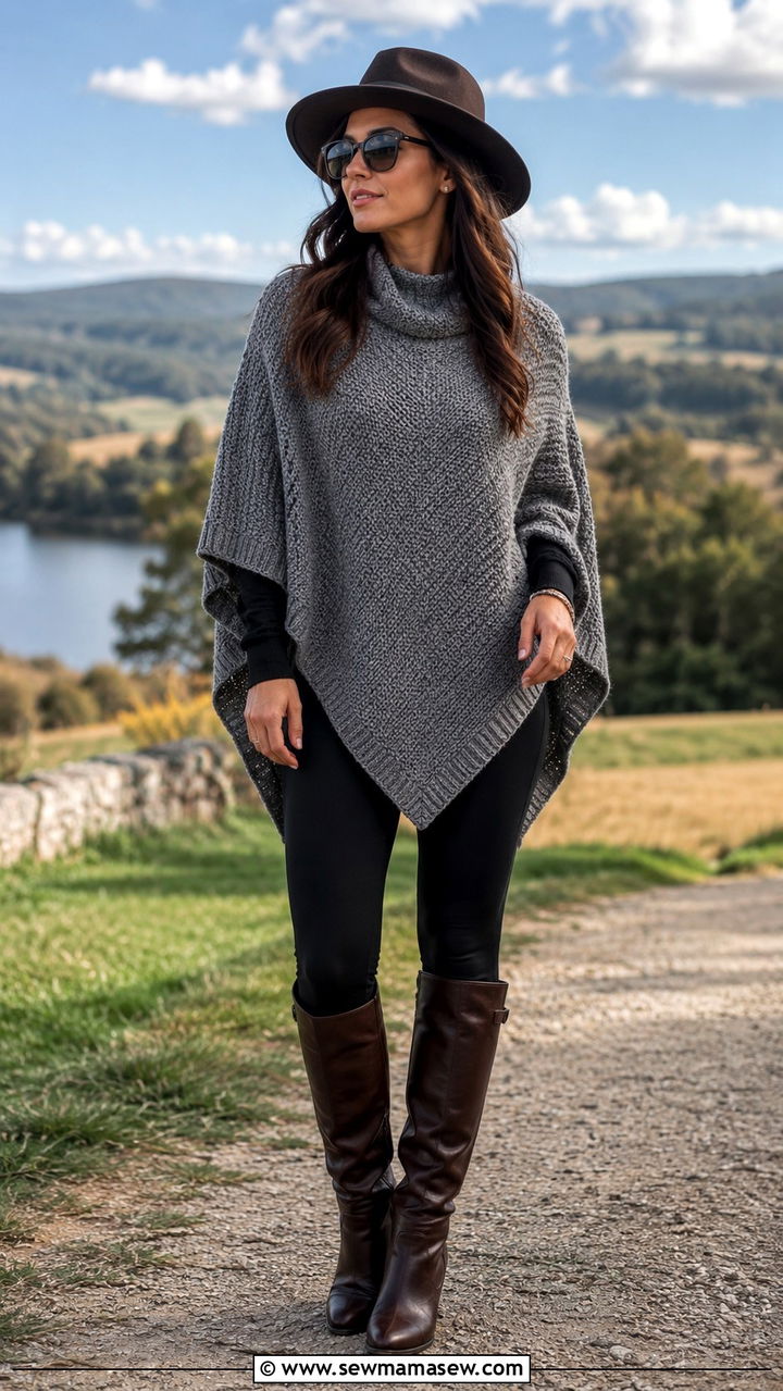 Poncho with leggings and tall boots - 25 windy day outfits 2026