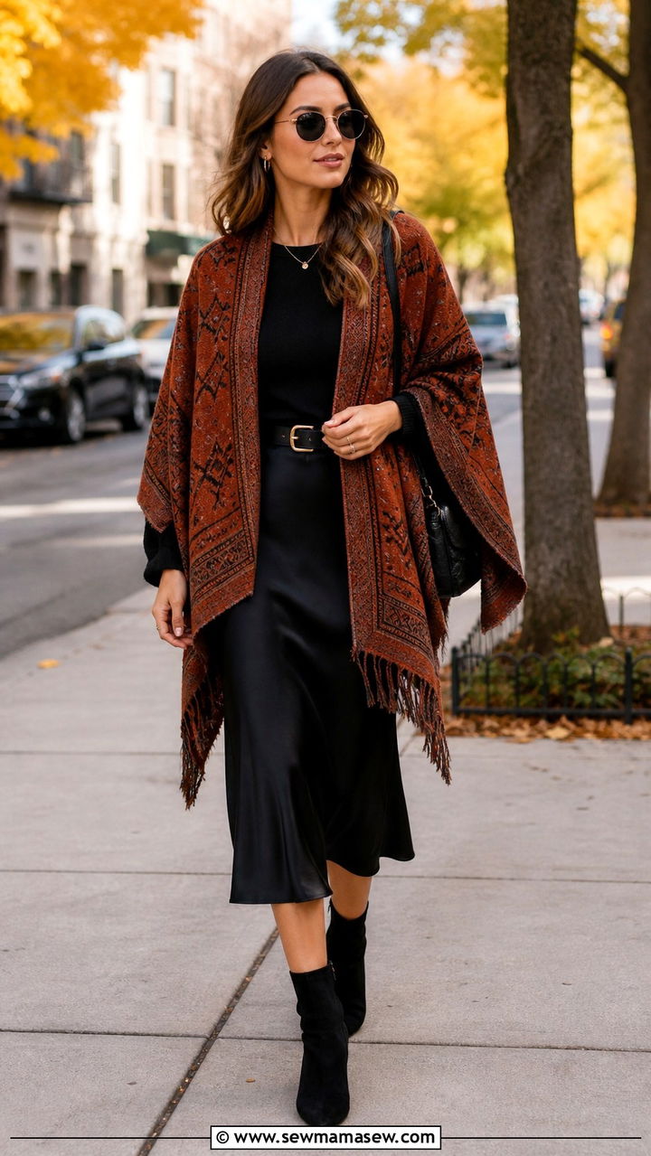 Poncho with midi skirt and ankle boots - 40 Poncho outfit ideas