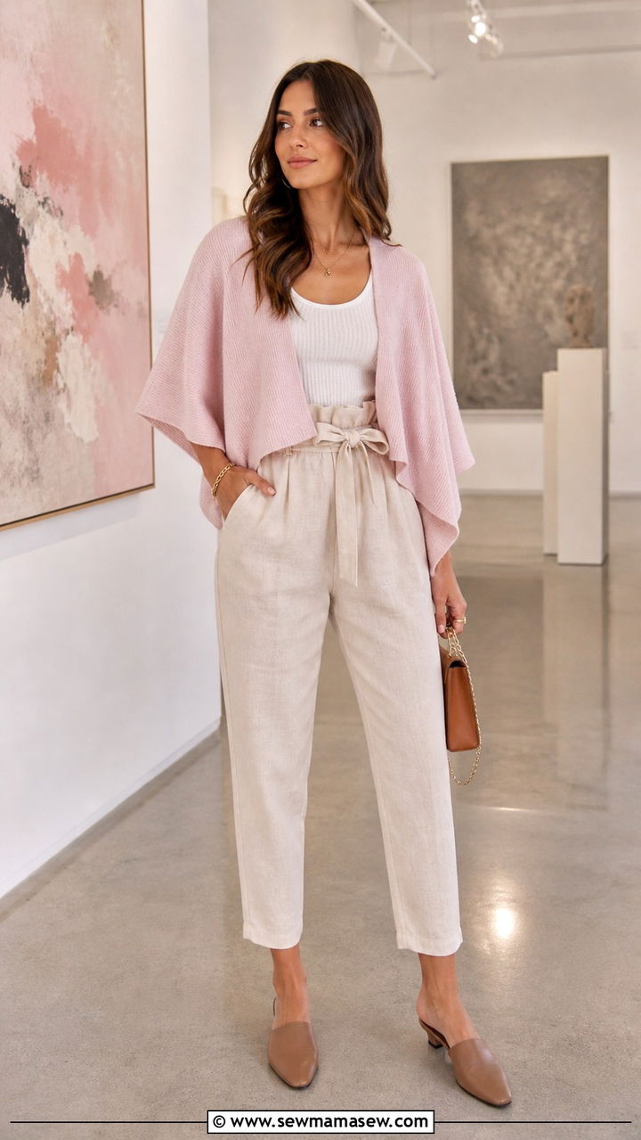 Poncho with paperbag waist trousers and mules - 40 Poncho outfit ideas
