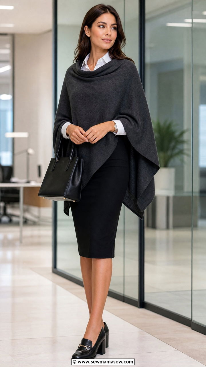 Poncho with pencil skirt and heeled loafers - 25 How to style a poncho