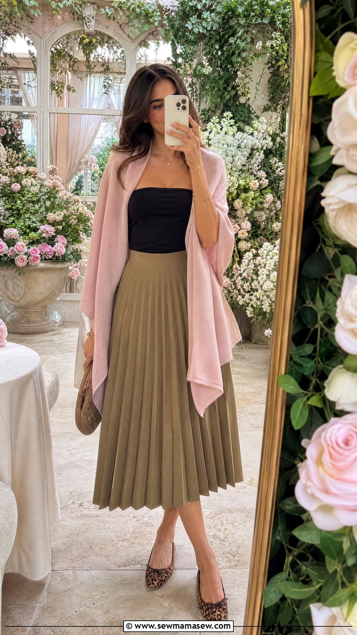 Poncho with pleated midi skirt and ballet flats - 25 How to style a poncho