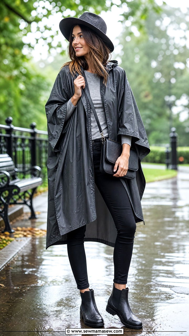 Poncho with skinny jeans and ankle boots - 30 Cozy rainy day outfit ideas