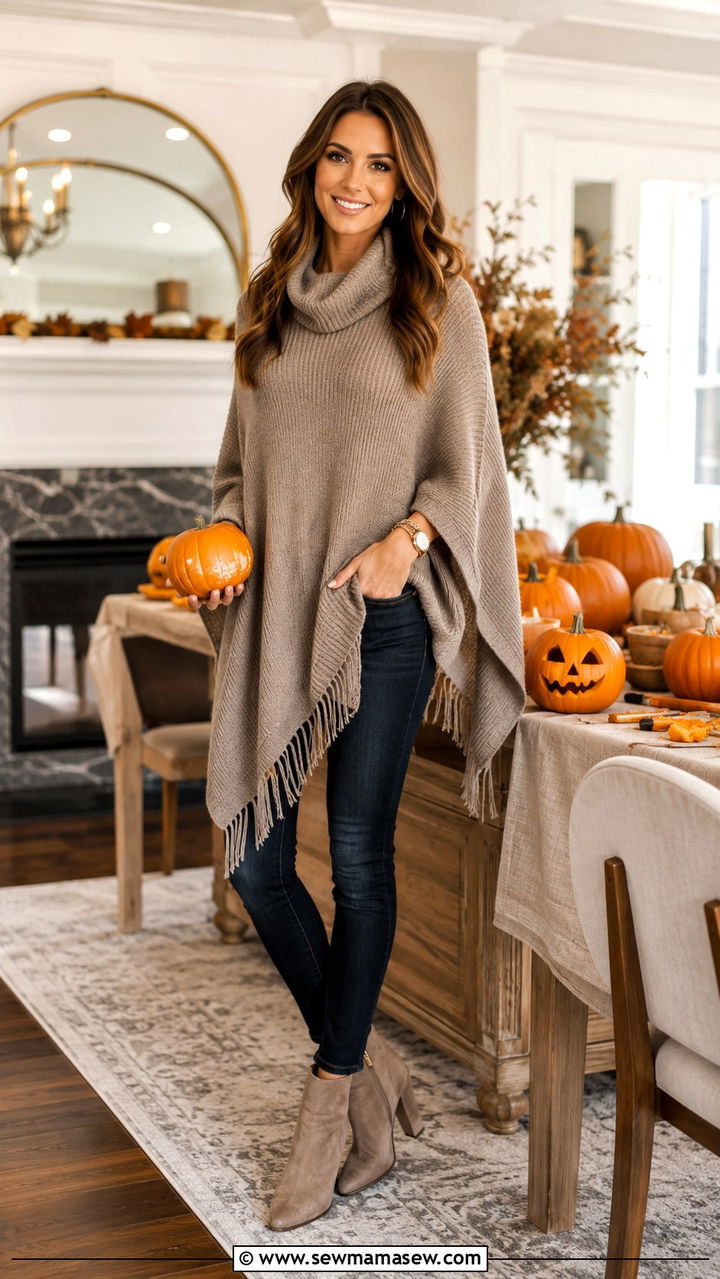 Poncho with skinny jeans and heeled suede booties - 30 Pumpkin carving party outfit ideas