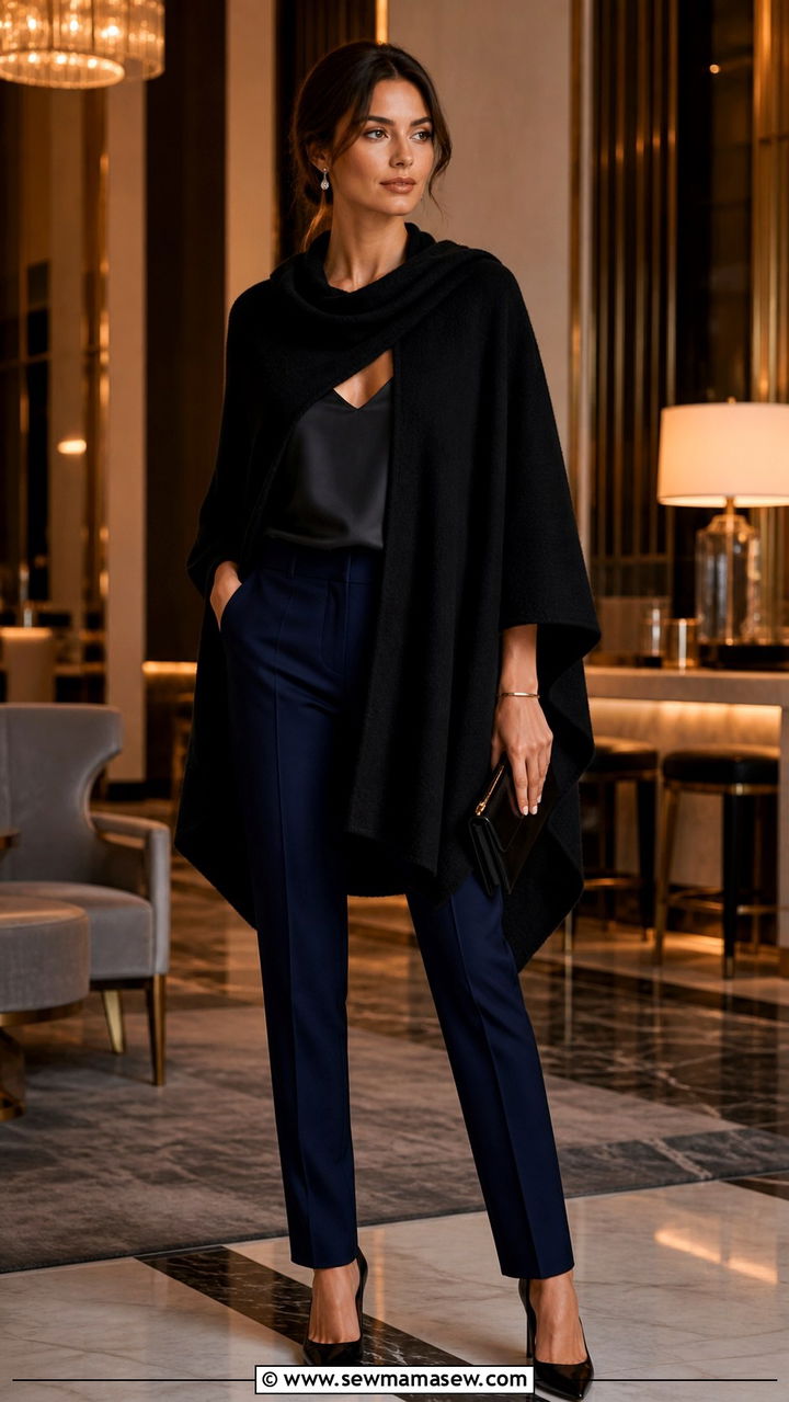 Poncho with tailored trousers and pointed toe heels - 40 Poncho outfit ideas