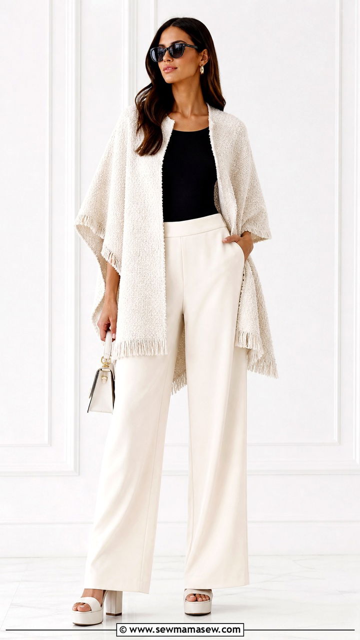 Poncho with wide leg trousers and platform sandals - 40 Poncho outfit ideas
