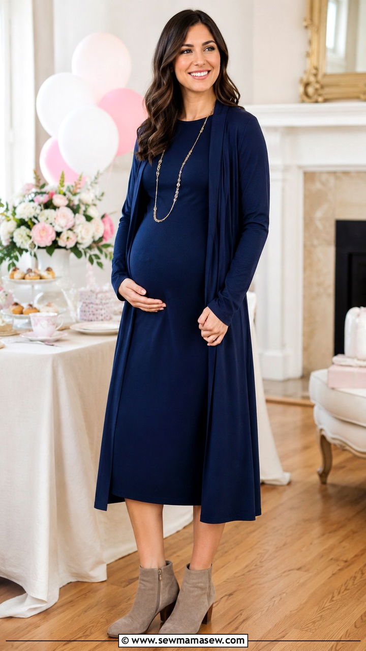 Ponte Knit Dress with Duster Jacket - 25 modest baby shower outfit ideas