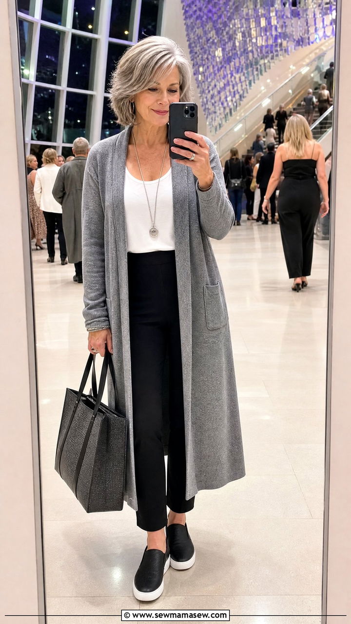 Ponte Knit Pants with a Long Duster Cardigan - 30 Concert outfits for women over 50