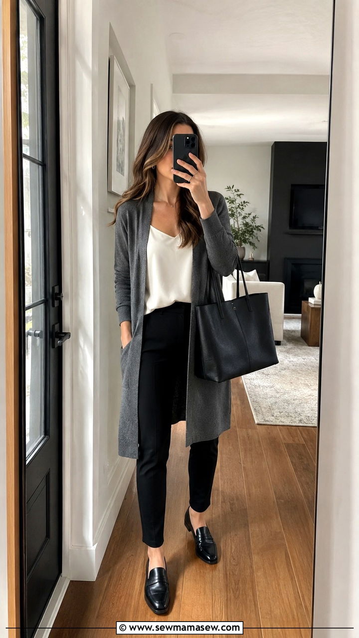 Ponte Pants With A Longline Cardigan And Leather Loafers - 30 Outfit ideas for working moms