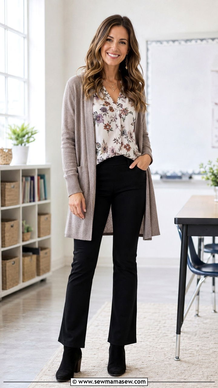 Ponte Pants With Flowy Blouse and Cardigan - 30 transitional teacher outfit ideas