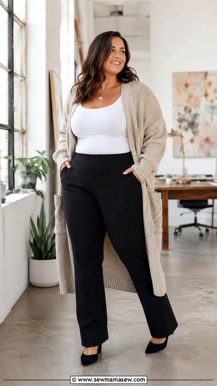 Ponte Pants With Oversized Knit Cardigan - 25 Plus size work outfit ideas 2026