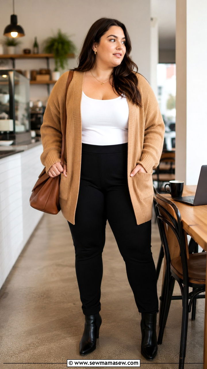 Ponte Pants with Oversized Knit Cardigan Outfit - 30 plus size office outfit ideas