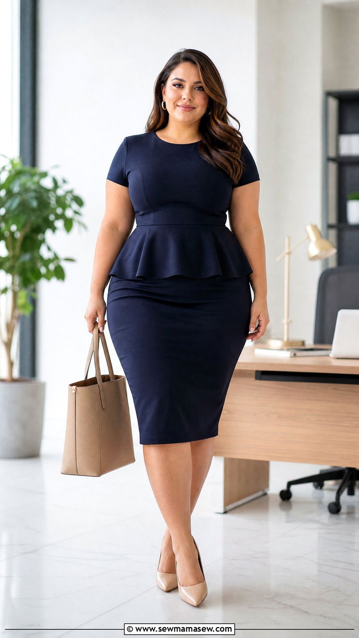 Ponte Pencil Skirt With A Peplum Blouse - 25 Outfit ideas for curvy lower body