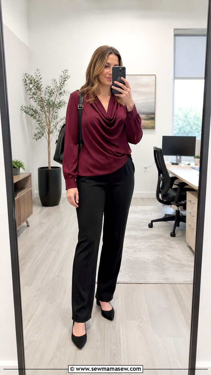 Ponte pants with draped blouse apple shape business outfit - 25 Outfit ideas for apple shape for work