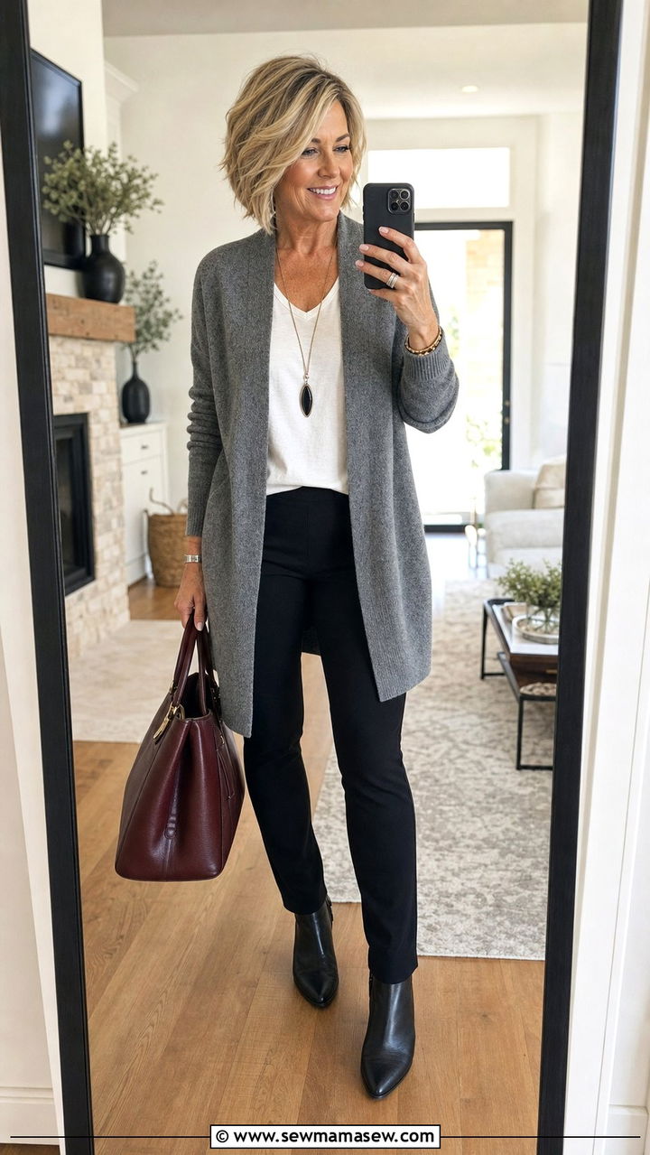 Ponte pants with long open cardigan outfit - 35 Business casual outfits for women over 50