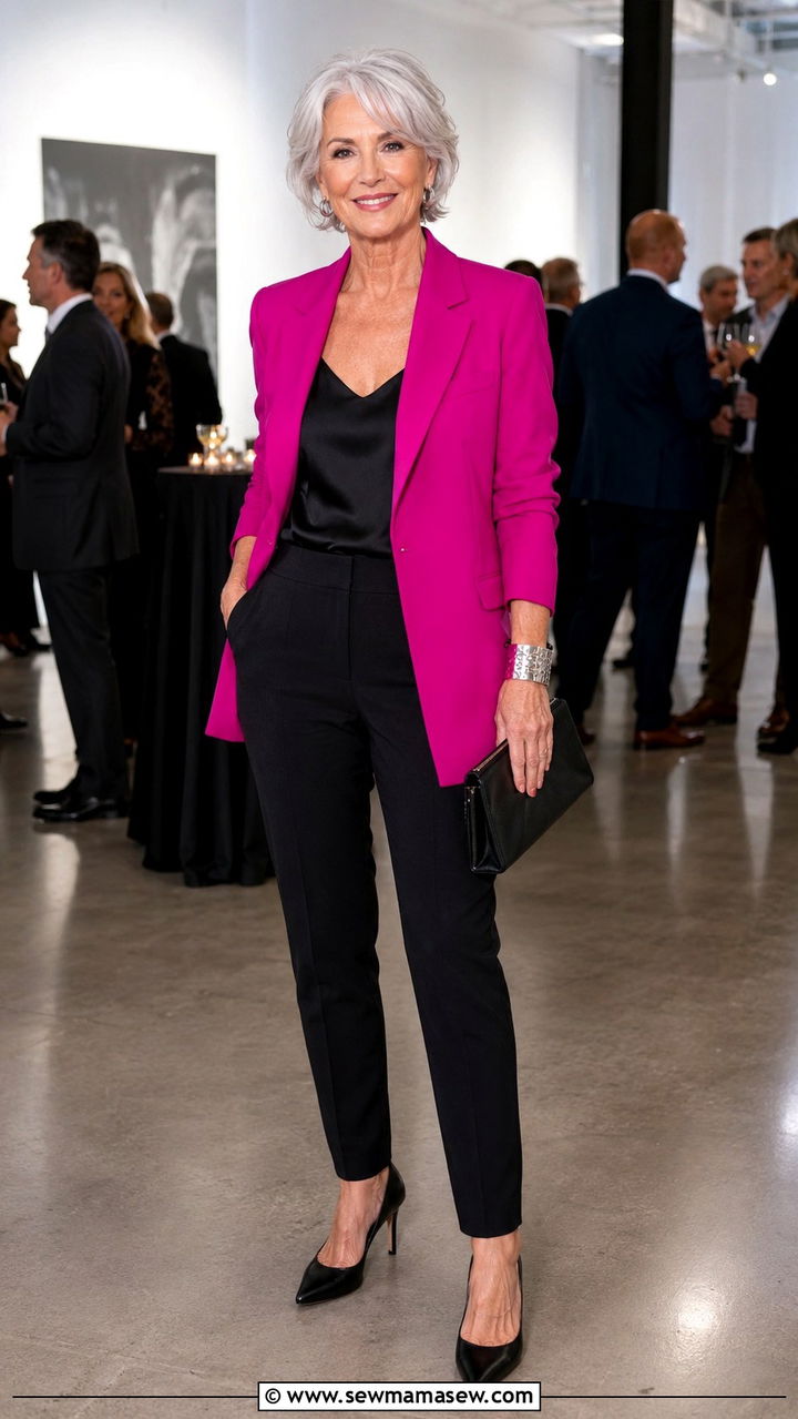 Pop Of Color Blazer With All Black Base - 30 Trendy outfits for women over 60