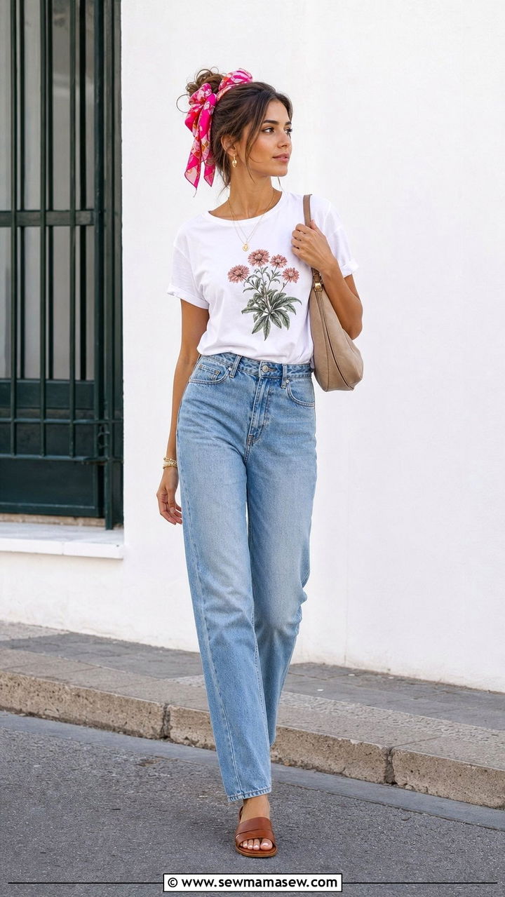 Pop Of Color Outfit With Bold Hair Scarf - 25 summer outfits with hair scarf