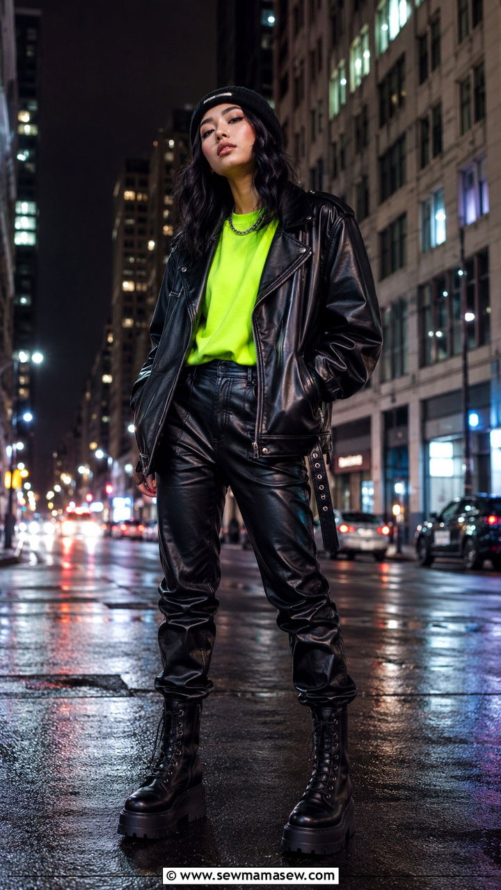 Pop Of Neon With Black Leather Punk Outfit - 25 Punk outfit ideas