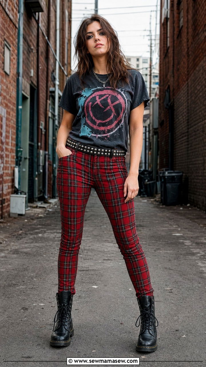 Pop punk band tee with plaid trousers outfit - 35 2000s outfit ideas