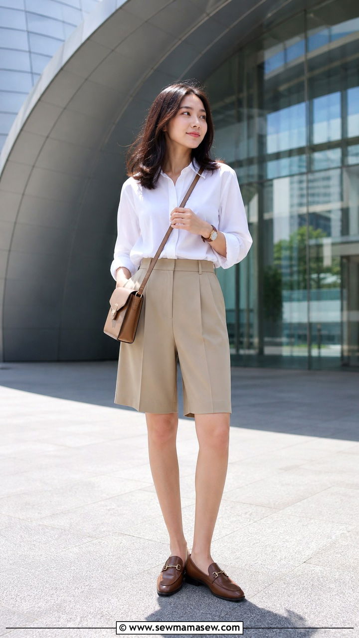 Poplin Blouse and Tailored Bermuda Shorts Outfit - 40 Summer Japan outfit ideas