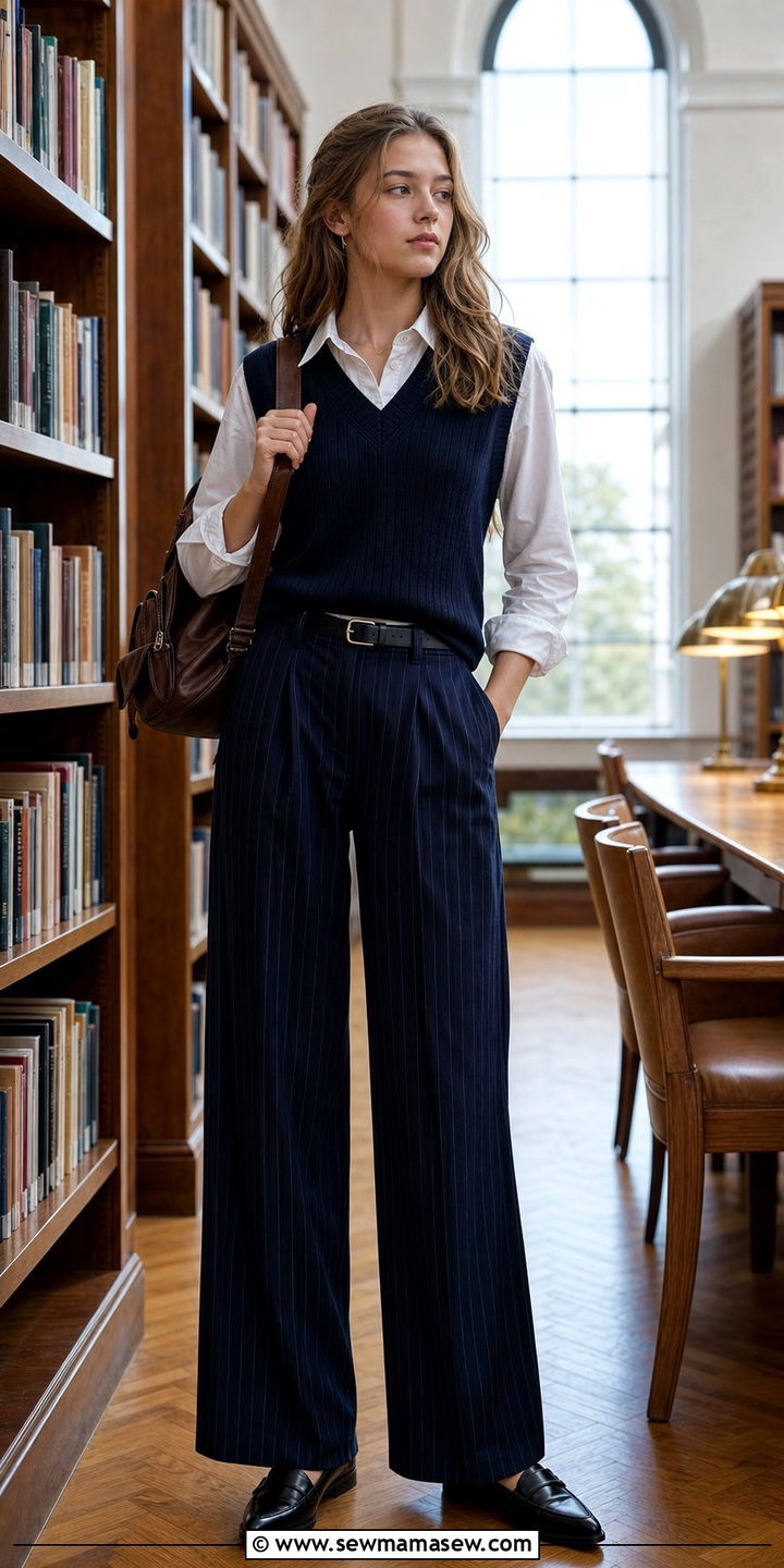 Poplin Button Up with Tailored Vest and Wide Leg Trousers Outfit - 35 Back to school outfit ideas 10th grade