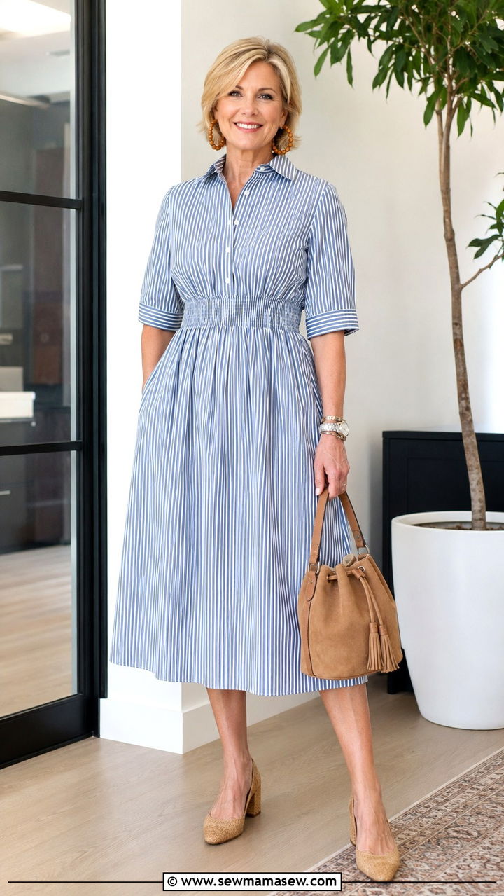 Poplin Midi Dress With Raffia Block Heels - 25 Outfit ideas for women over 50 casual 2026
