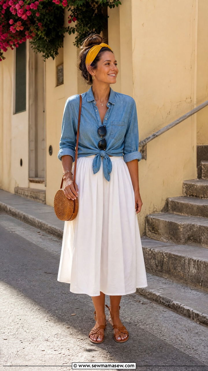 Poplin Midi Skirt And Tied Front Shirt - 30 Summer outfits for family vacation