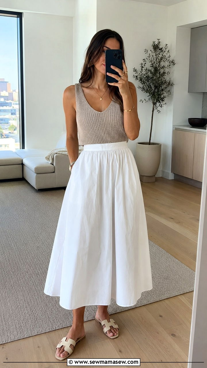 Poplin Midi Skirt and a Knit Tank - 30 Petite casual outfit ideas