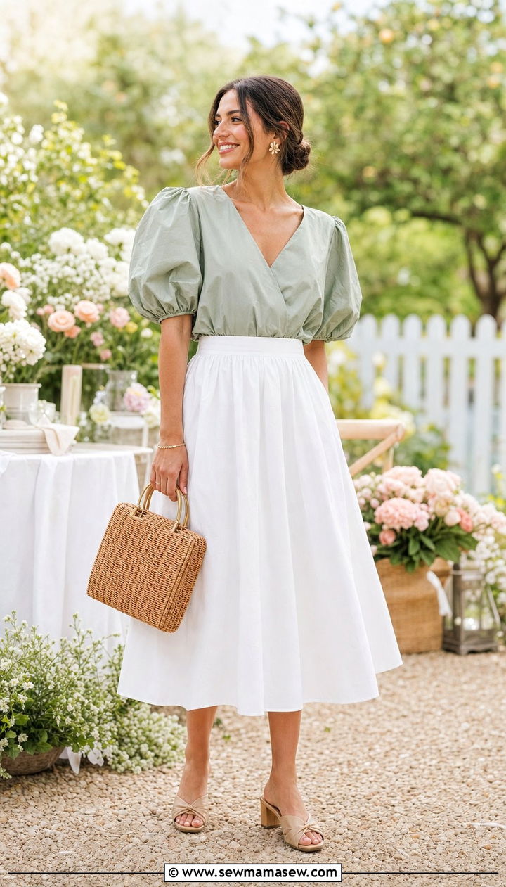 Poplin Midi Skirt with Puff Sleeve Top and Block Heels - 35 casual midi skirt outfits