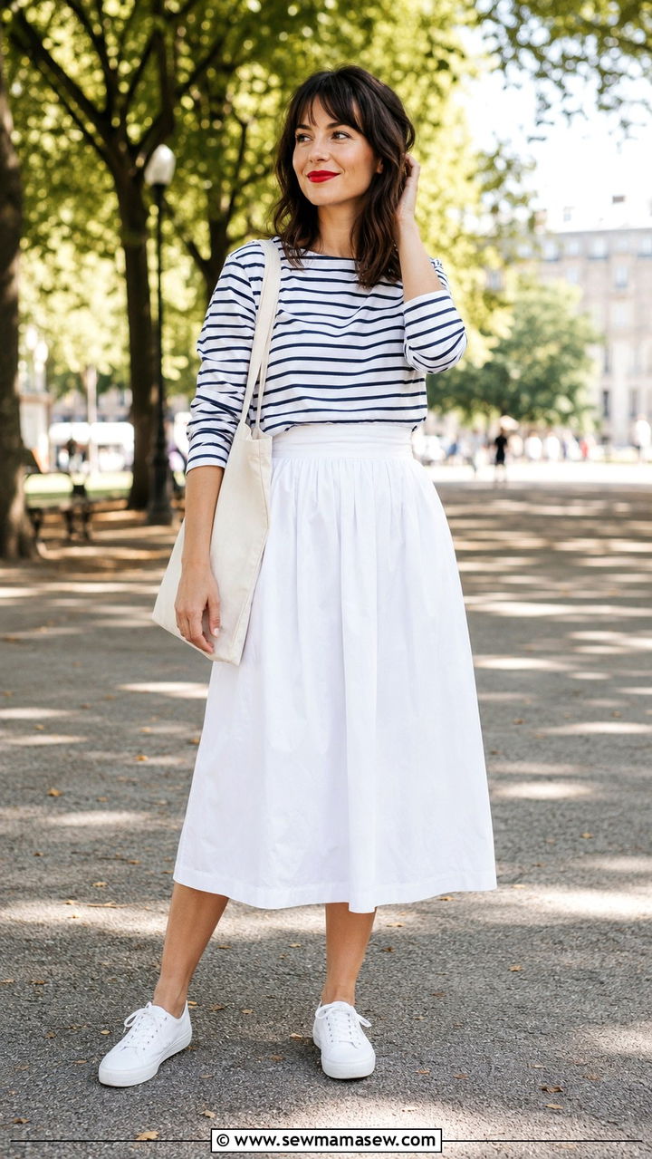 Poplin Midi Skirt with Striped Top and Trainers - 30 How to style a midi skirt in summer