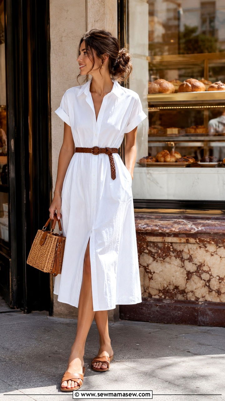 Poplin Shirt Dress With Woven Belt - 30 Parisian summer outfit ideas