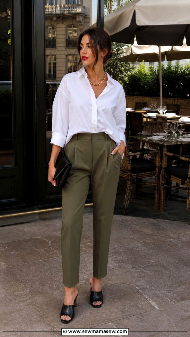 Poplin Shirt With Structured Trousers and Gold Accents - 40 casual vacation outfits