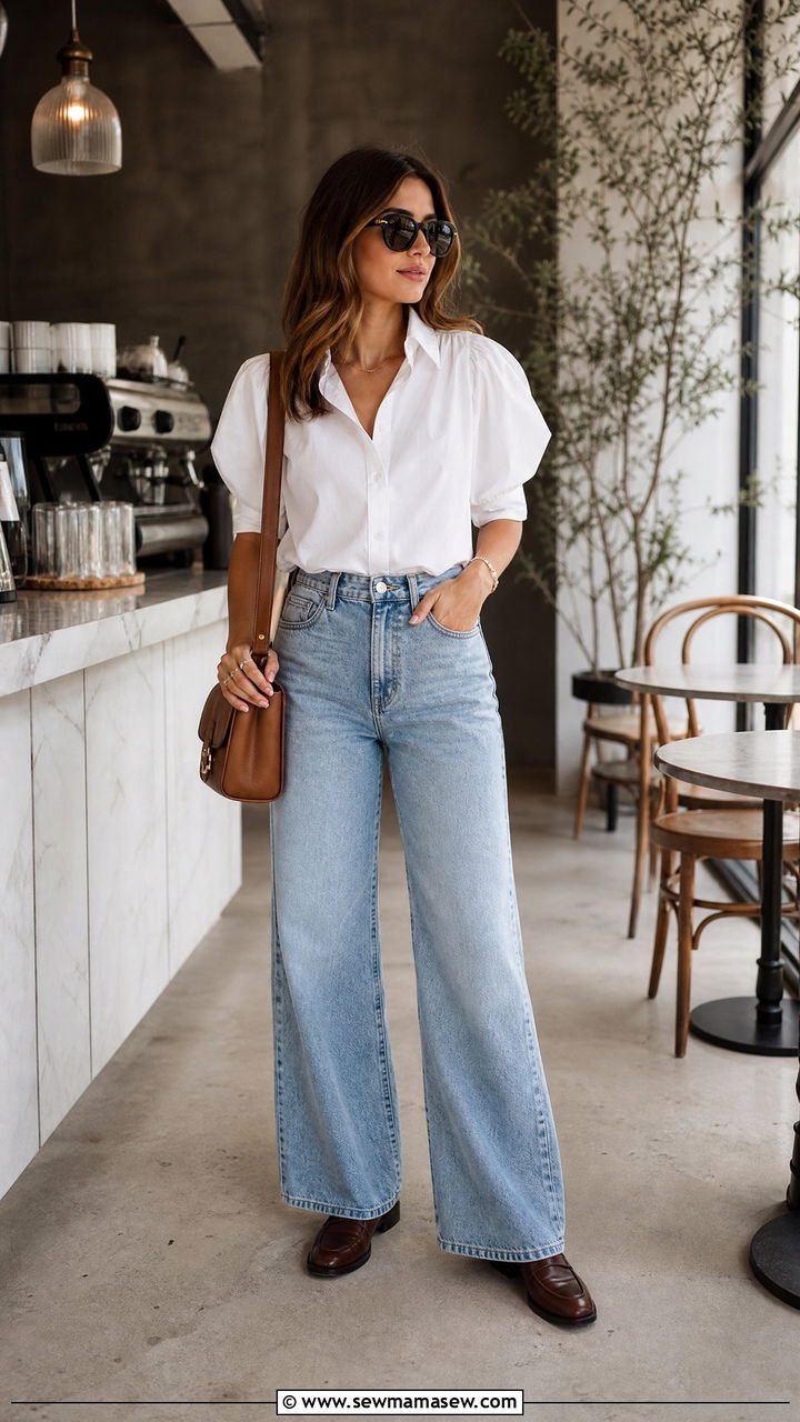 Poplin Shirt and Wide Leg Jeans - 25 How to style wide leg jeans in spring