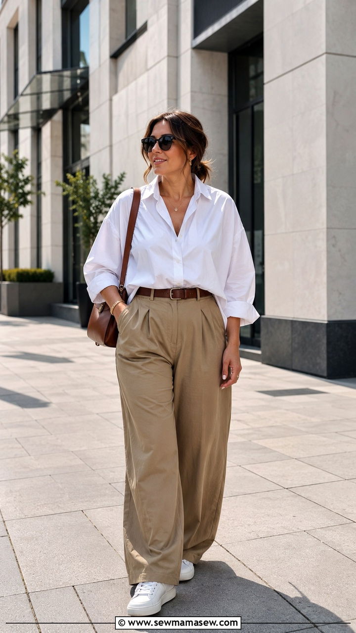 Poplin Shirt with Wide Leg Trousers and Sneakers - 30 transitional midsize outfit ideas