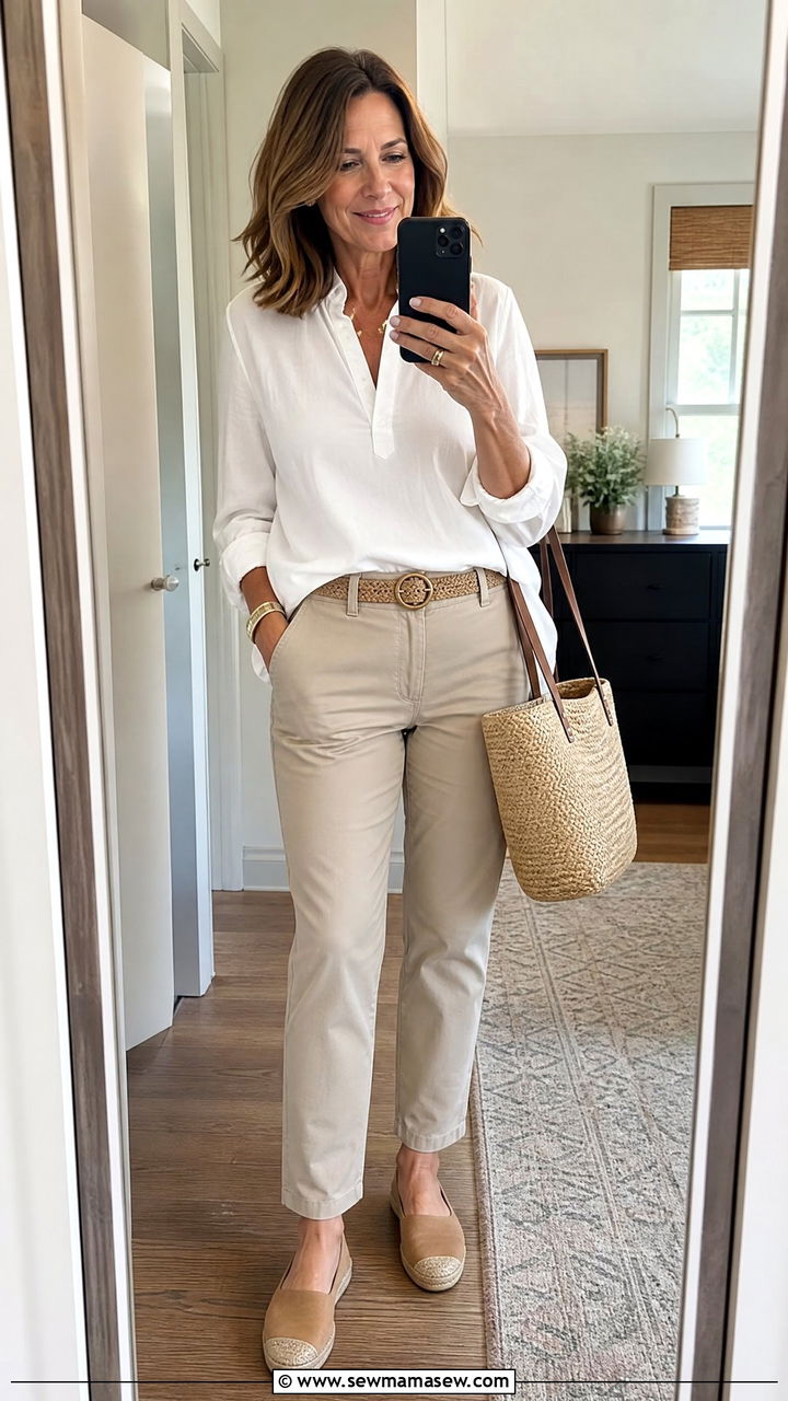 Popover Blouse and Relaxed Chinos - 30 coastal grandmother outfit ideas for women over 40
