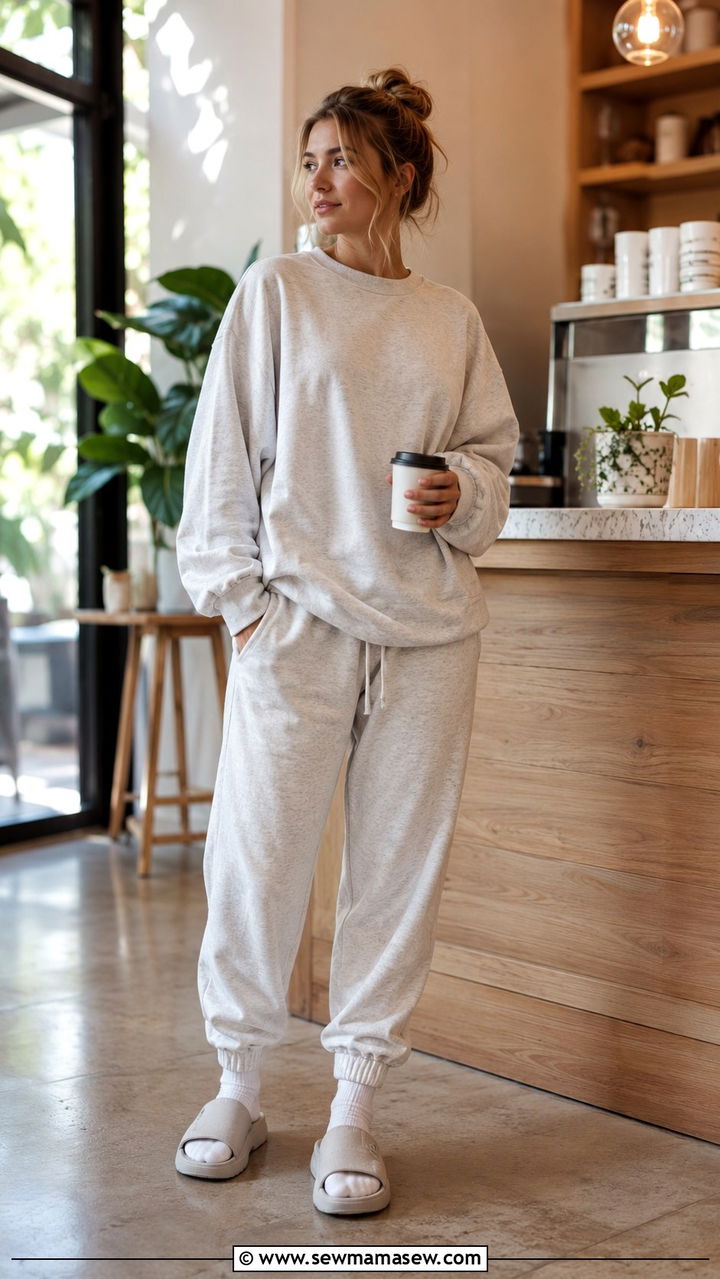 Post run sweatshirt and cozy joggers athleisure look - 30 Running outfit ideas for beginners